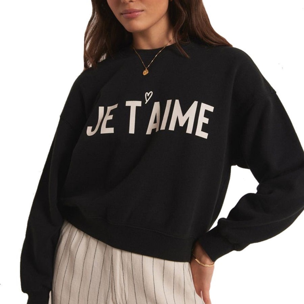 Z Supply Black "Je T'aime" Graphic Sweatshirt